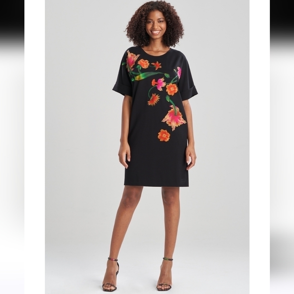 Natori Lightweight Black Ponte Floral Applique T-Shirt Dress Size Small - Picture 2 of 12